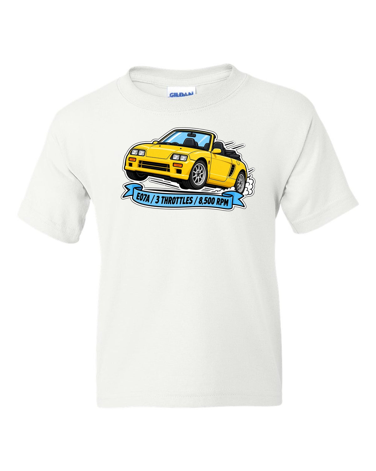 Sticker-style illustration of a Honda Beat PP1 with E07A engine and 8,500 rpm lettering white kids tee front view with the design