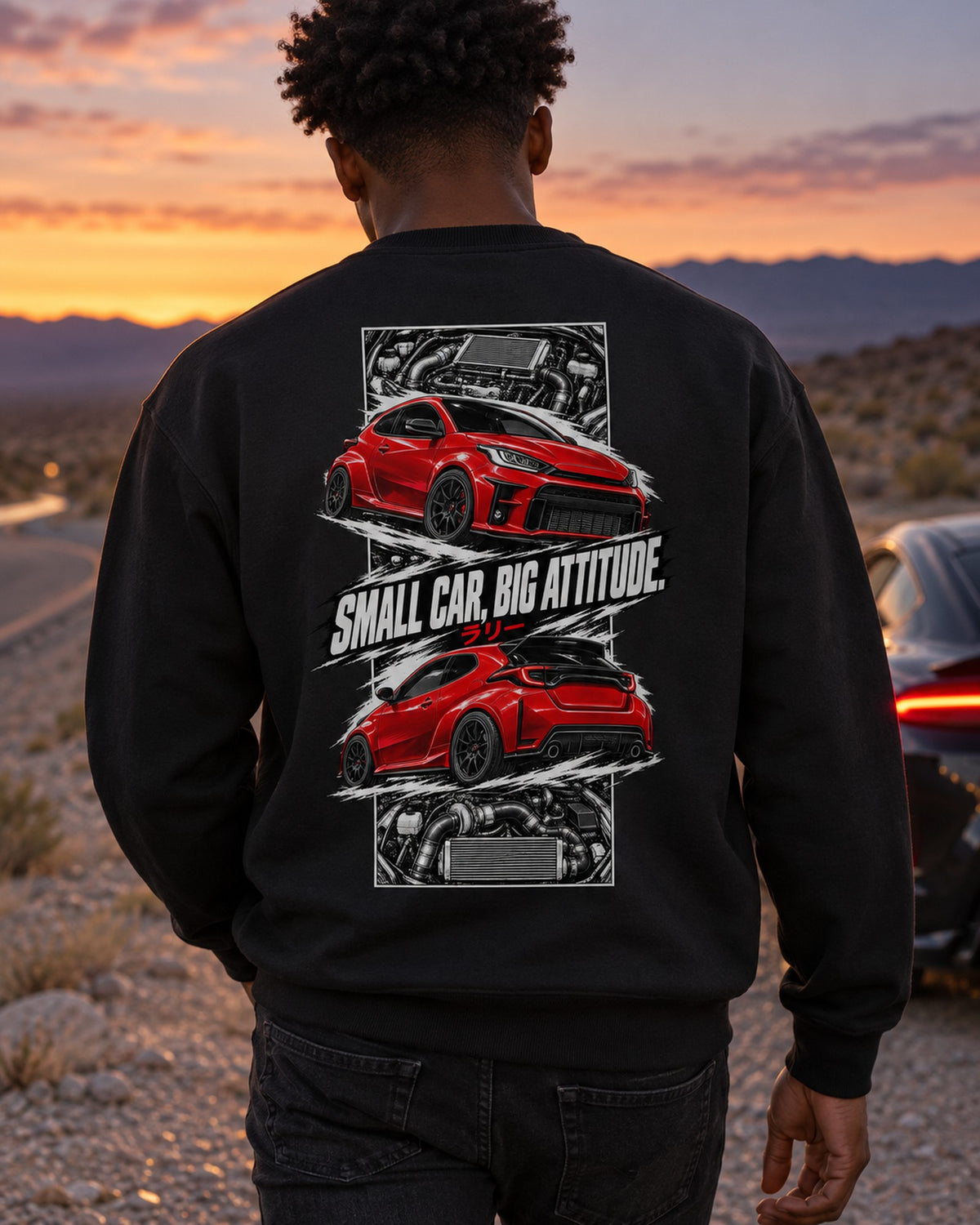 Toyota GR Yaris Torn Poster Full-Back Graphic Tee Crewneck Black worn hero