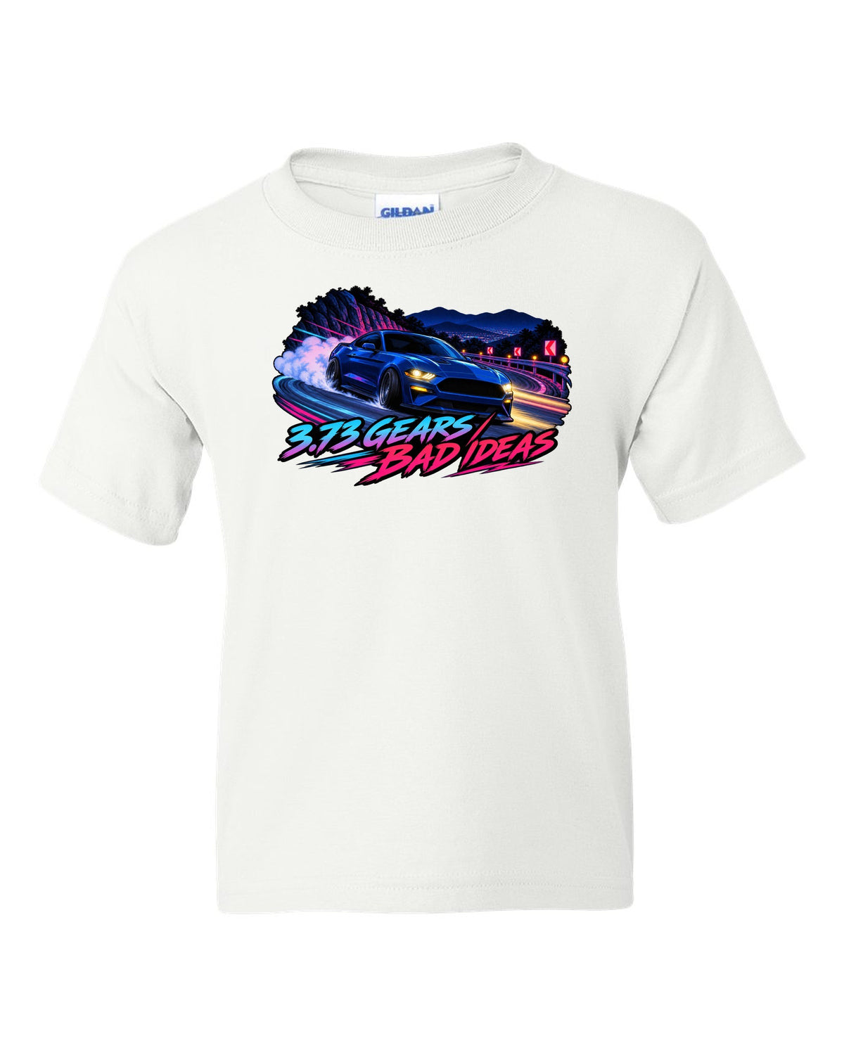 Cel-shaded anime night touge print of a 2015-2023 S550 Mustang fastback with 3.73 Gears text white kids tee front view with the design