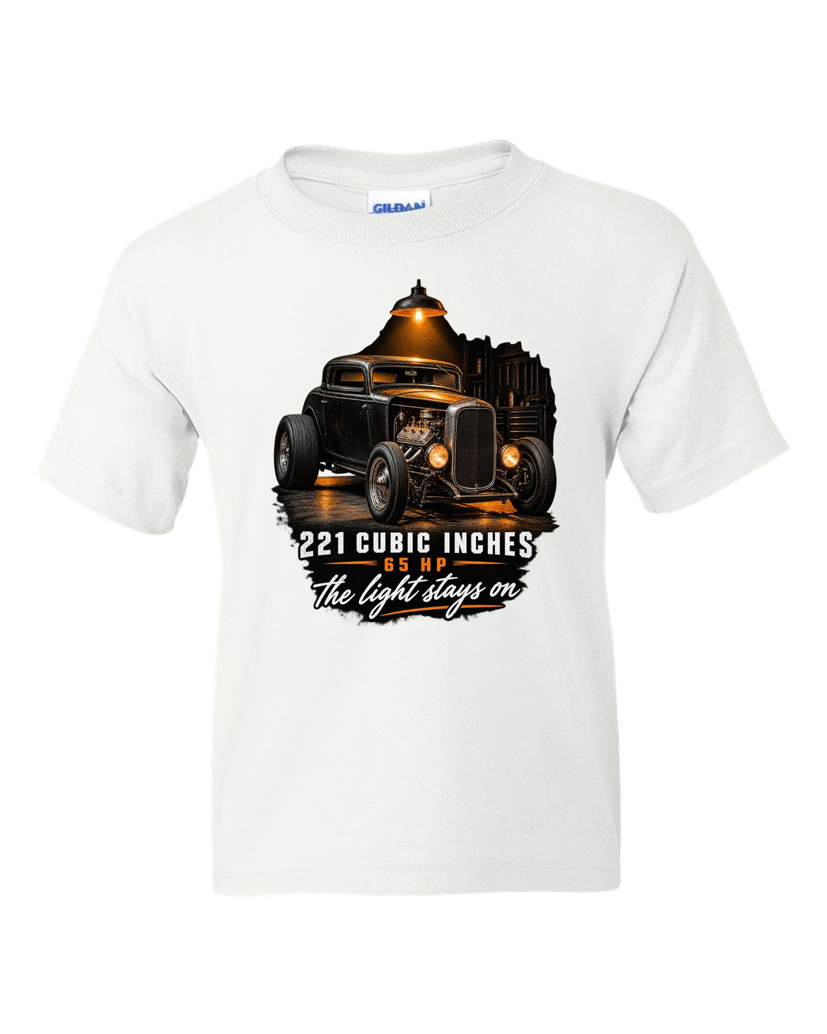 Garage night print of a 1932 Ford Deuce three-window coupe with flathead V8 specs white kids tee front view with the design
