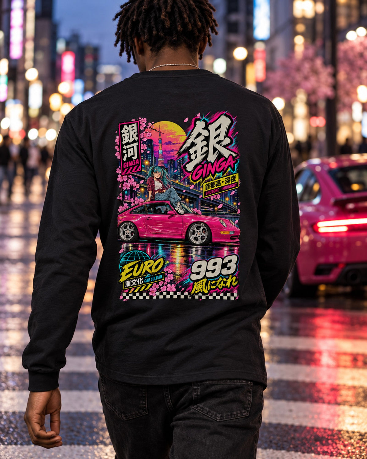 GINGA 993 Anime Girl Full-Back Graphic Tee Long Sleeve Black worn hero