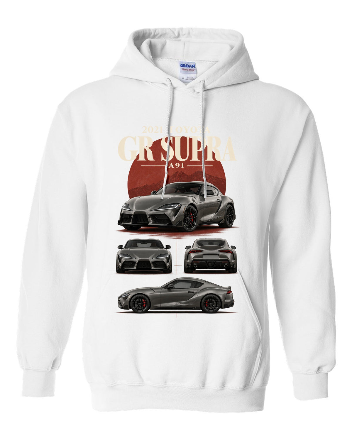 Graphite halftone front three-quarter of the Toyota GR Supra A90 with Made in Graz text white pull over hoodie front view with the design