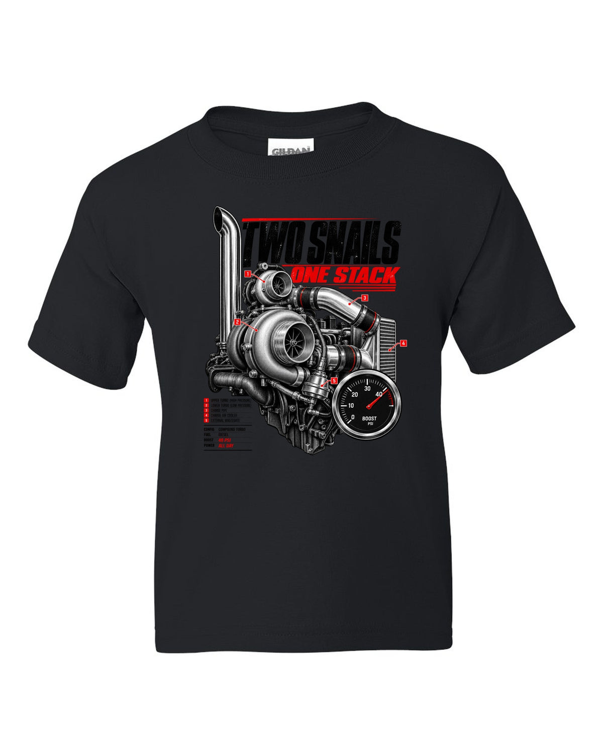 Engine hero print of a compound turbo diesel pickup boost gauge reading 40 psi black kids tee front view with the design