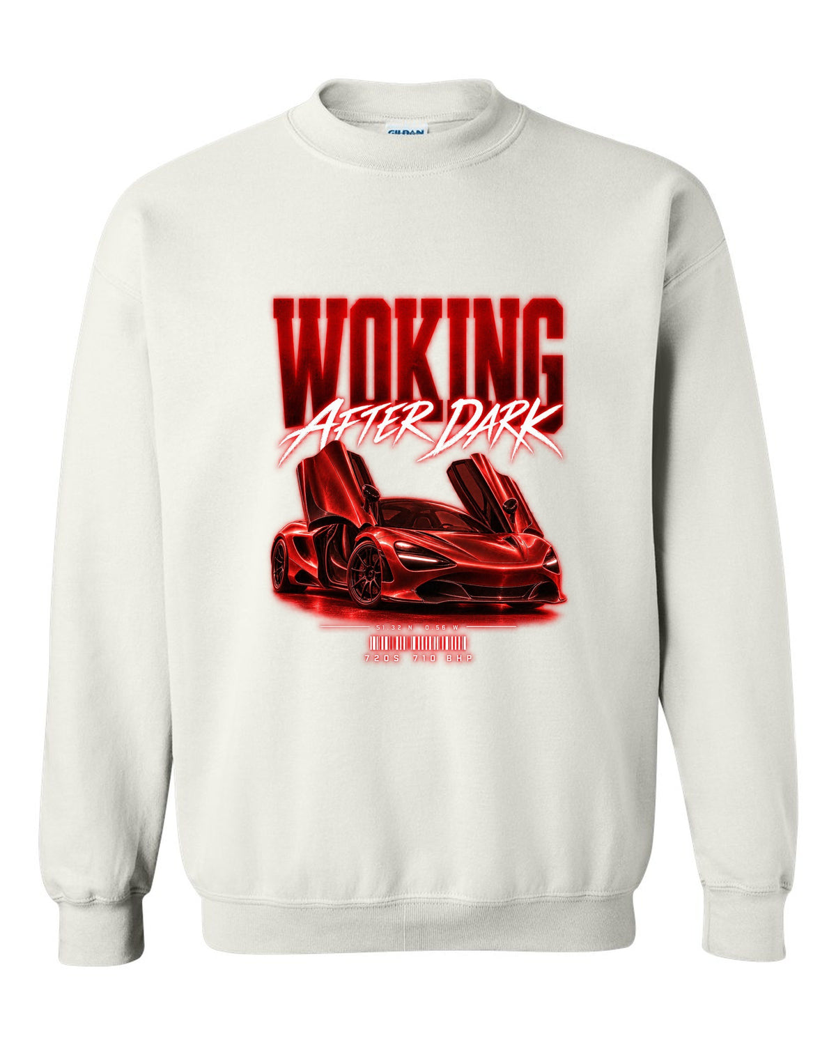 Street poster print of a 2017 McLaren 720S at night with Woking after dark text white crewneck front view with the design