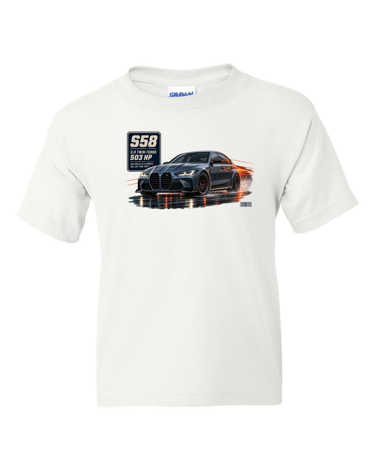 print of a BMW M3 Competition G80 on a night touge road in blue-grey white kids tee front view with the design
