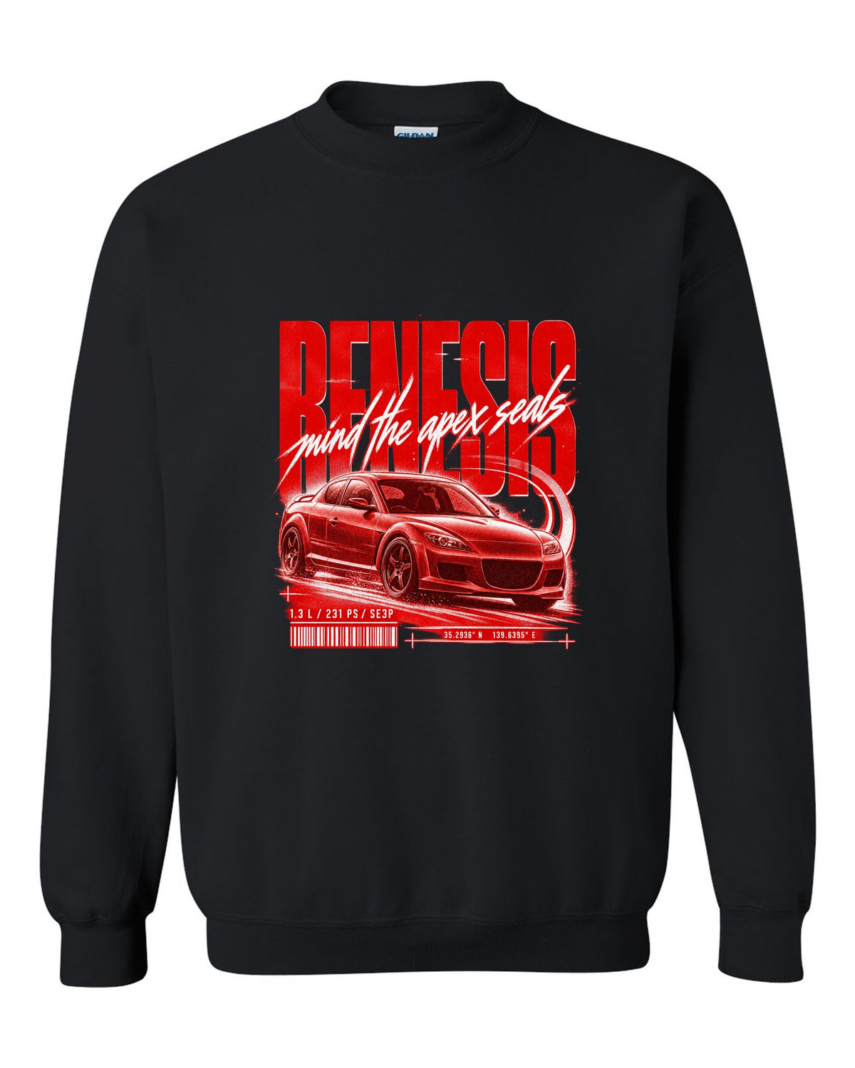 Street poster print of a Mazda RX-8 SE3P Series 1 with Renesis lettering black crewneck front view with the design