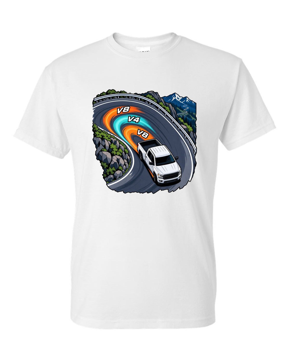 Cel-shaded anime night touge print of a 2007-2013 Chevrolet Silverado GMT900 with V8 V4 V8 text white t-shirt front view with the design