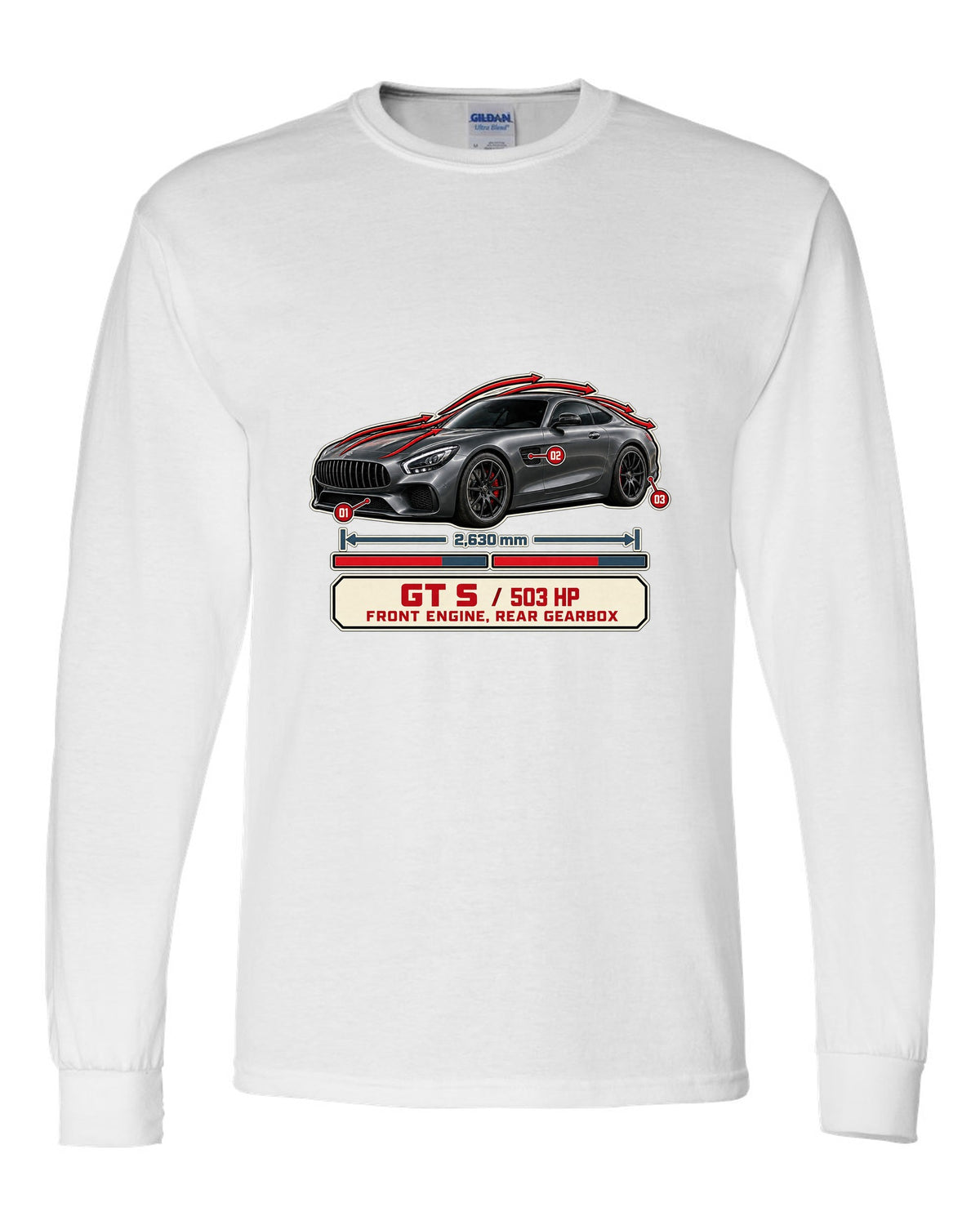 Mercedes-AMG GT S C190 aero cutaway callouts print white long sleeve front view with the design