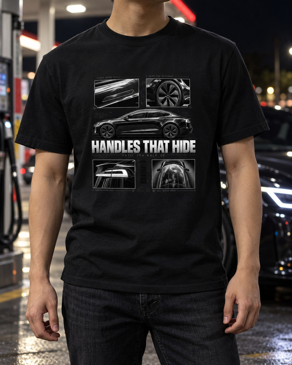 Tesla Model S Raven Side Profile Dossier Shirt, Hidden Handles T-Shirt Black worn hero