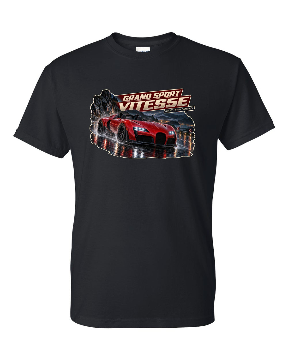 Night street poster of a Bugatti Veyron Grand Sport Vitesse with the roof off, print black t-shirt front view with the design