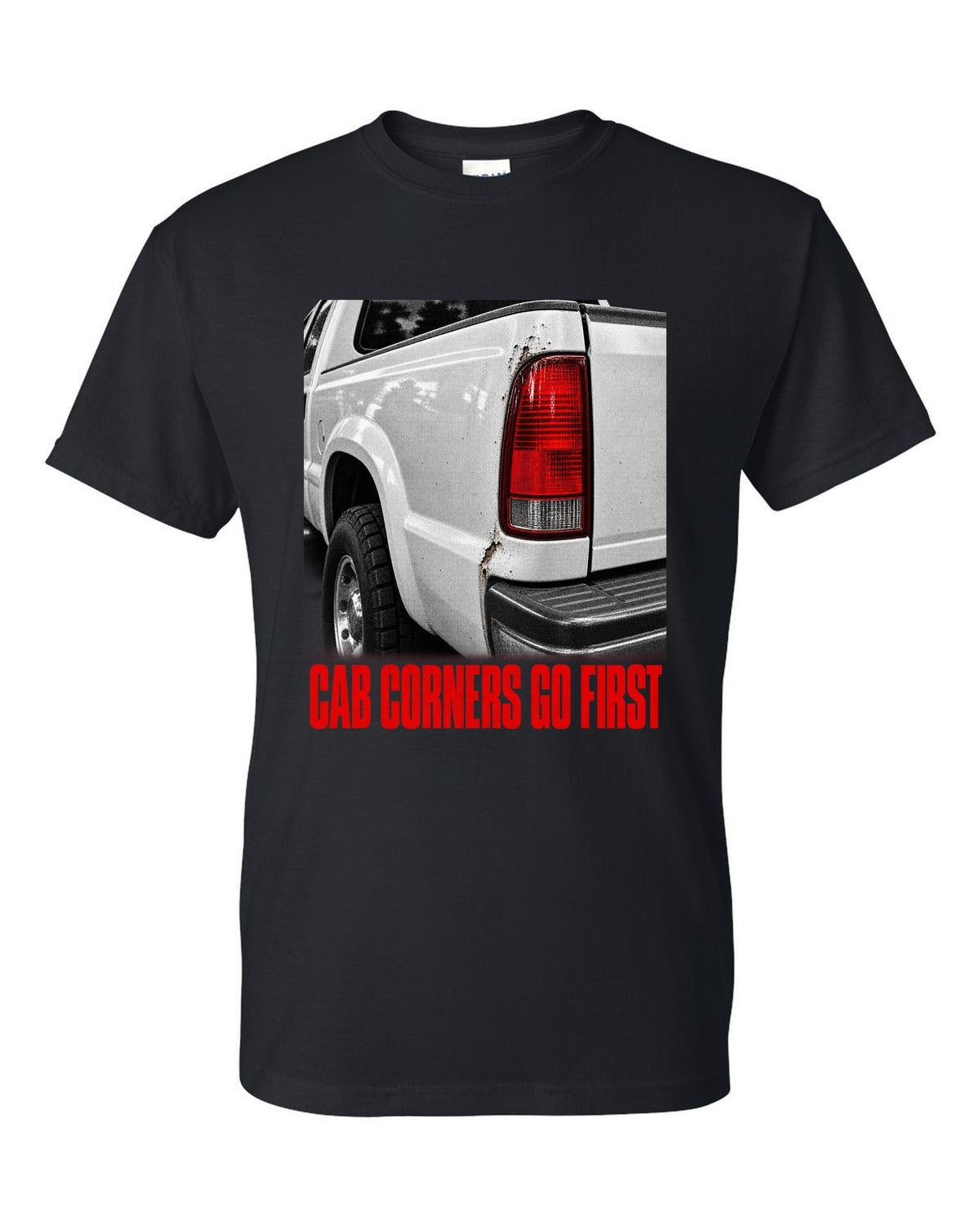 NBS Silverado taillight detail with cab corner rust, print black t-shirt front view with the design