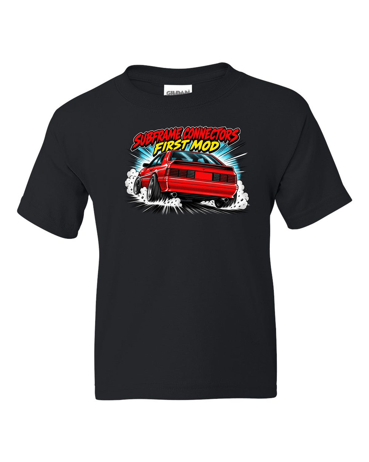 Retro manga halftone panel print of a 1991 Ford Mustang Fox Body GT chback black kids tee front view with the design
