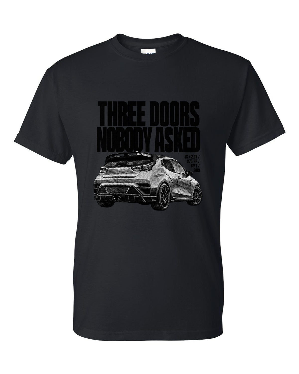 Hyundai Veloster N JS halftone print with three doors text black t-shirt front view with the design