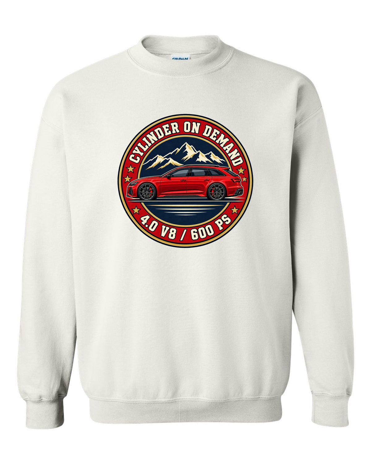 Varsity-style crest design for the Audi RS6 Avant C8 with 4.0 V8 and 600 PS lettering white crewneck front view with the design