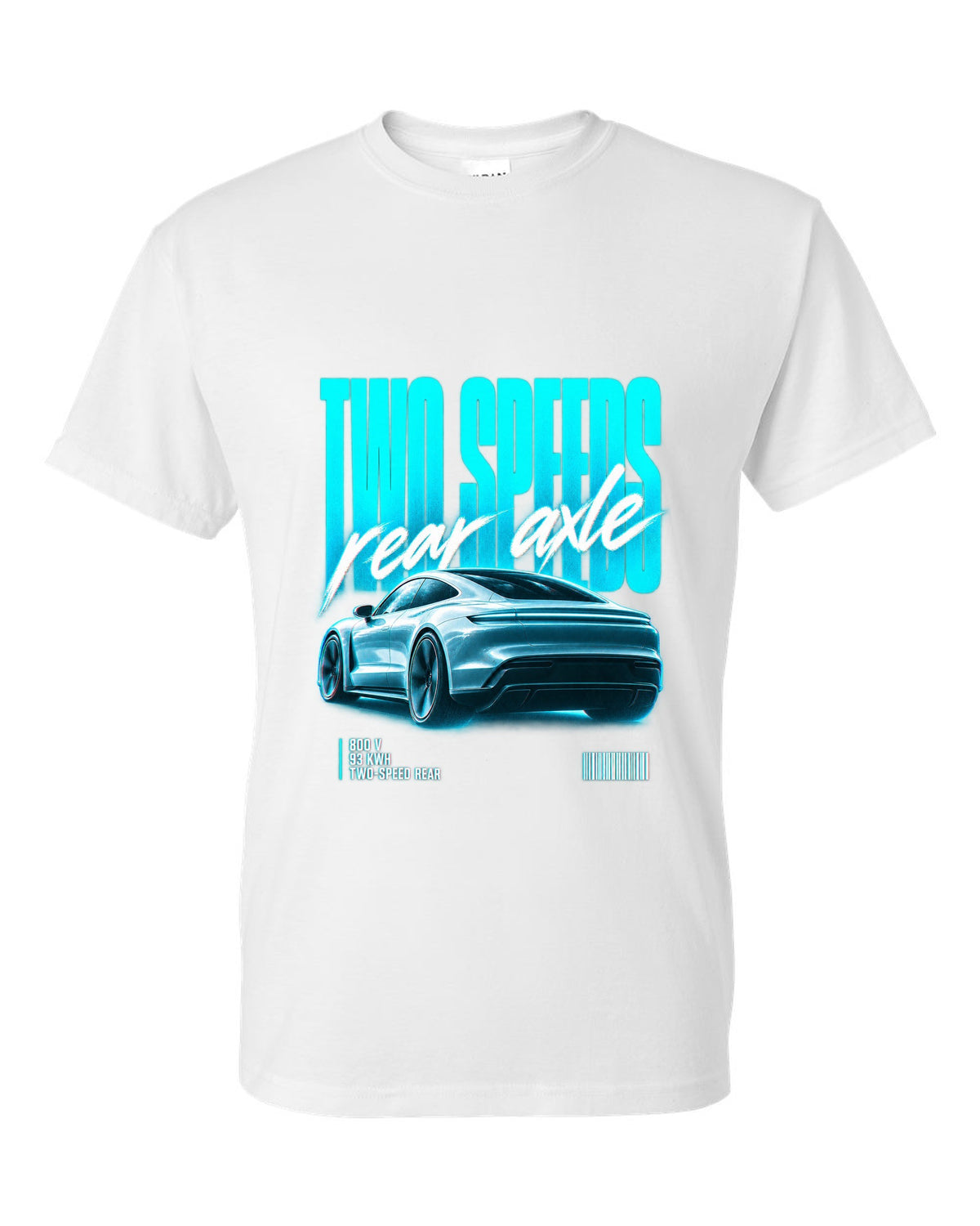Audi e-tron GT 2021 rear three-quarter street poster with two speeds text white t-shirt front view with the design