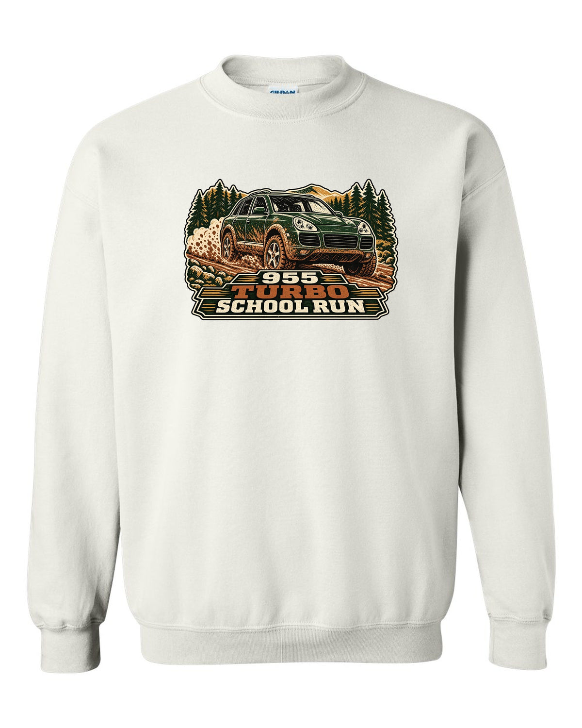 Multi-block linocut print of a muddy Porsche Cayenne Turbo 955 with the text 955, turbo, school run white crewneck front view with the design