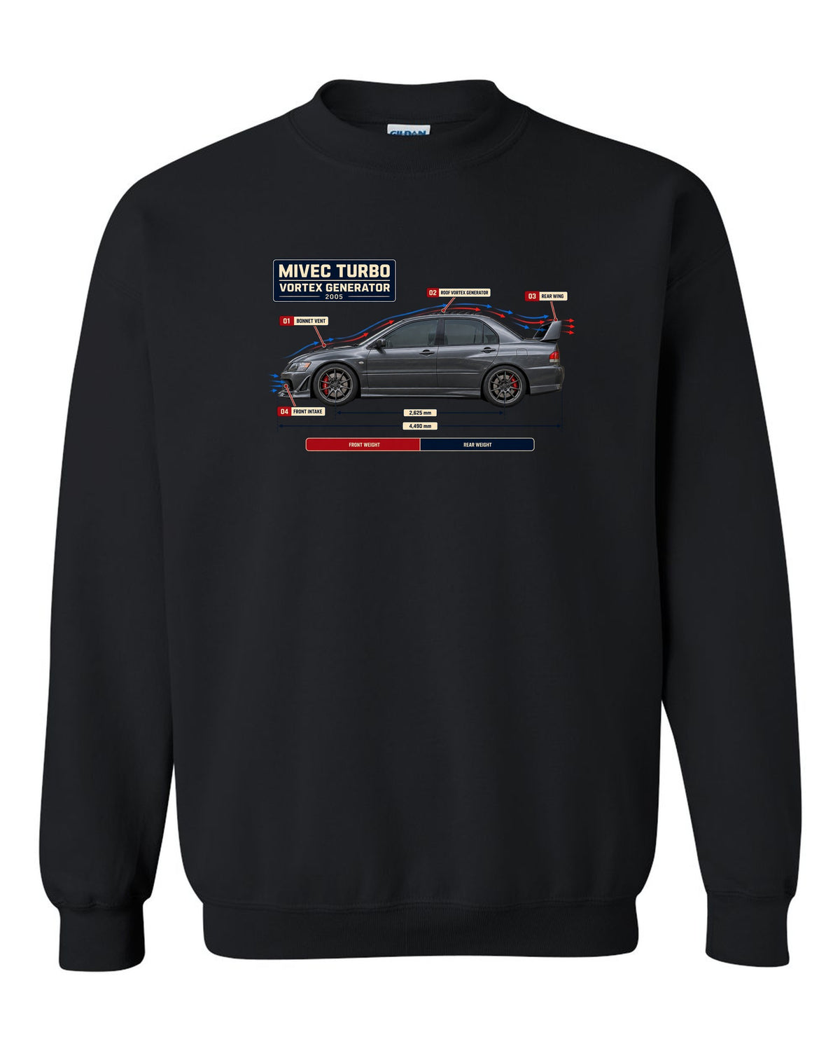 Lancer Evolution IX Aero Callout Diagram Tee, MIVEC Turbo black crewneck front view with the design