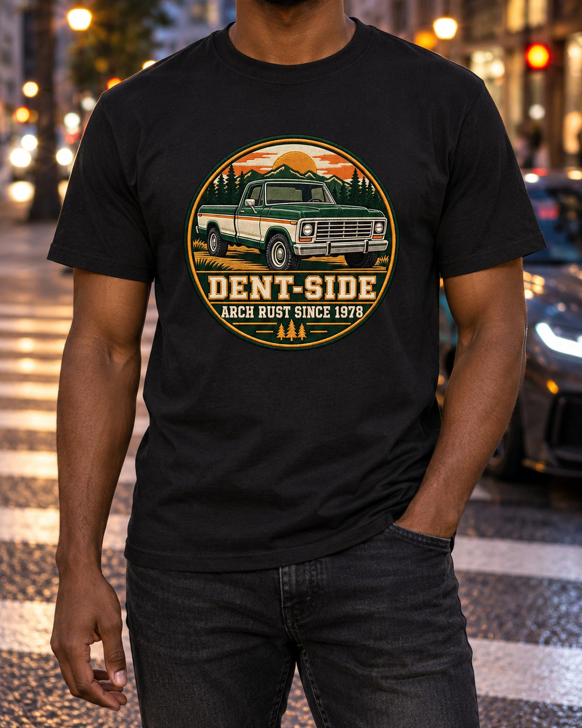 Dent-Side Ford F-150 1973-79 Varsity Crest Graphic Tee T-Shirt Black worn hero