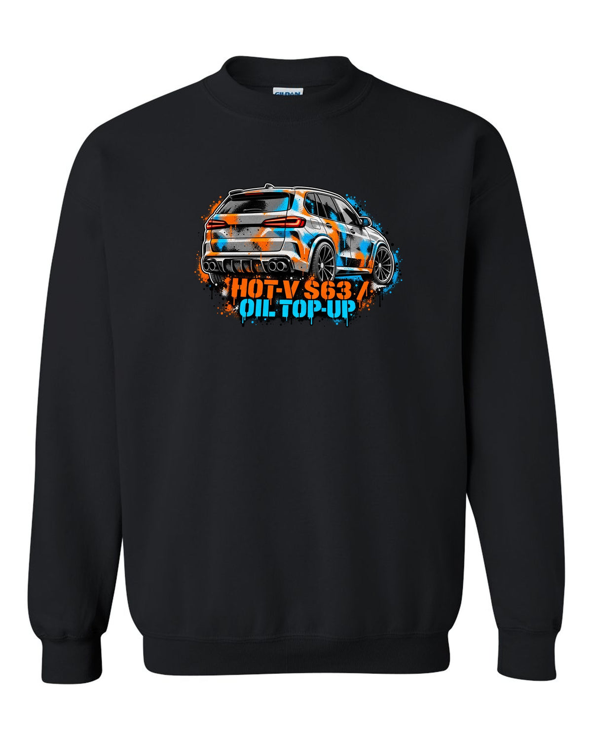 Varsity crest print of a BMW i8 I12 with silent electric range lettering black crewneck front view with the design