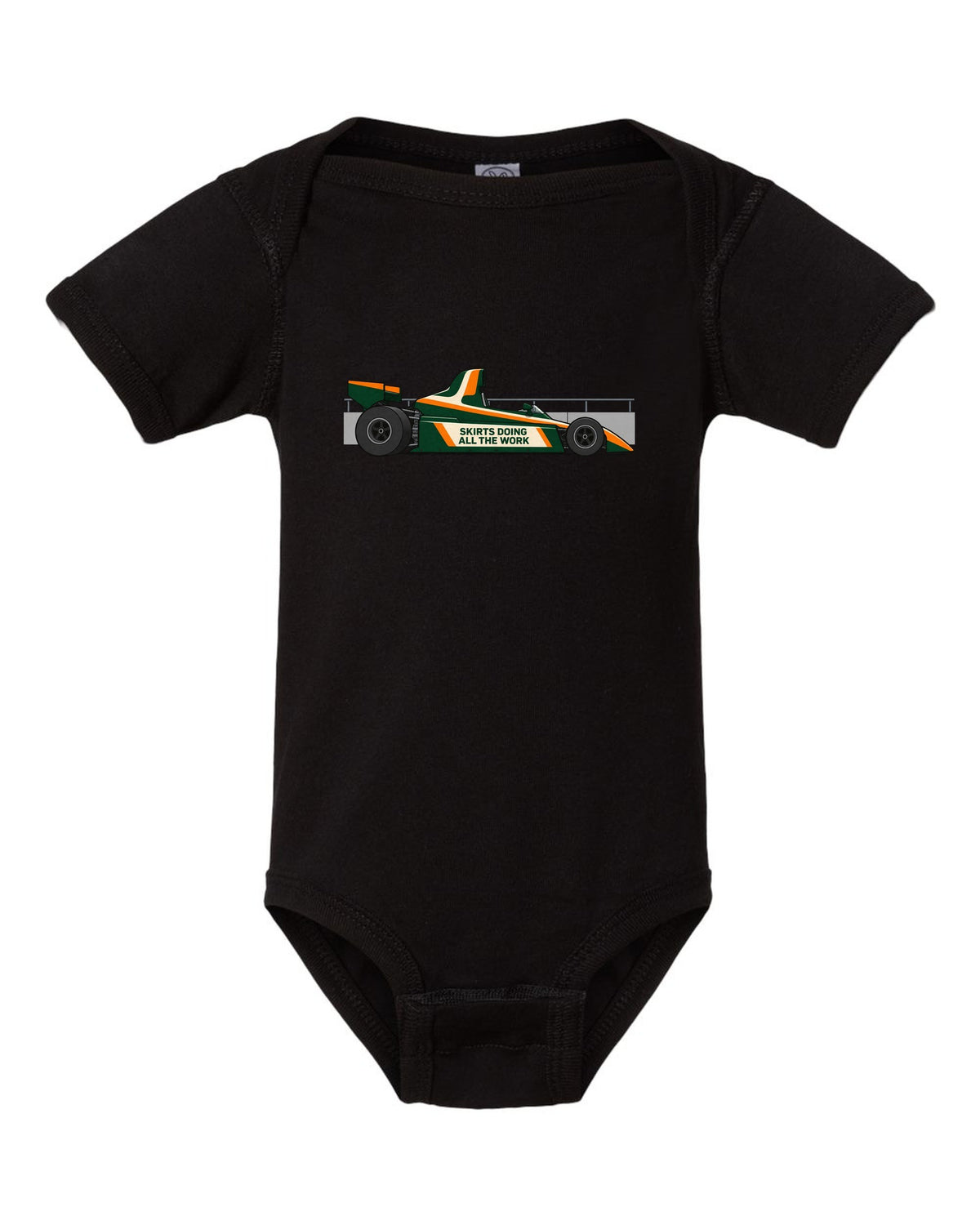 Flat vector Lotus 79 Formula 1 car with the lettering skirts doing all the work black baby onesie front view with the design