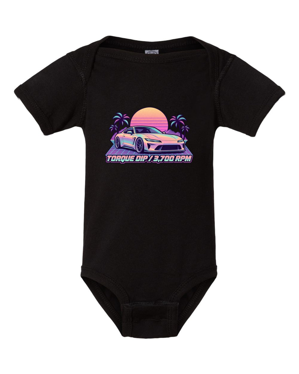 Pastel vaporwave illustration of a Toyota 86 ZN6 with Torque Dip 3,700 RPM lettering black baby onesie front view with the design