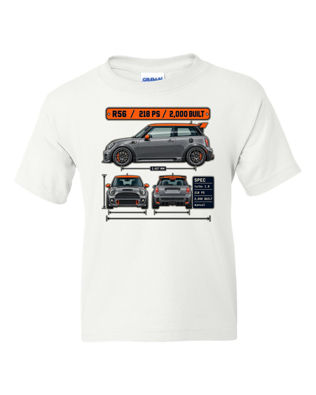 Three-view and spec table print for the Mini JCW GP R56 2012 with 2,000 built text white kids tee front view with the design