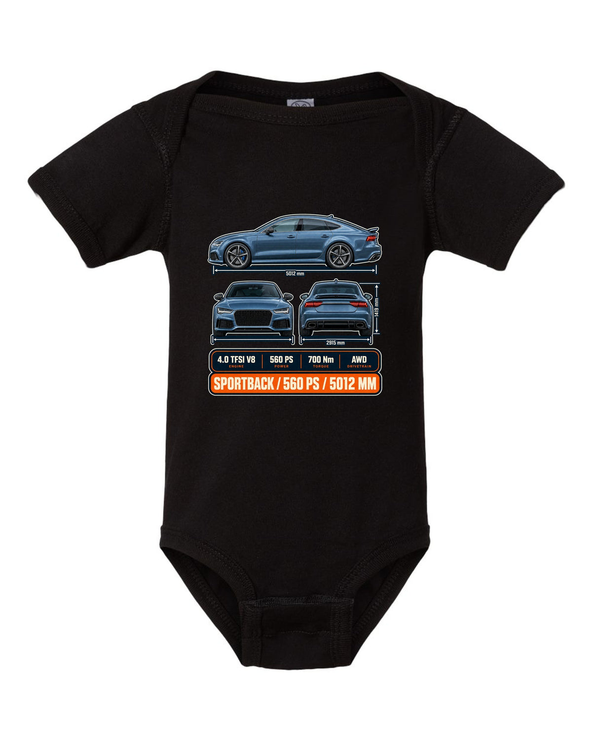 Audi RS7 Sportback C7 three-view drawing in graphite-blue print with 560 PS black baby onesie front view with the design
