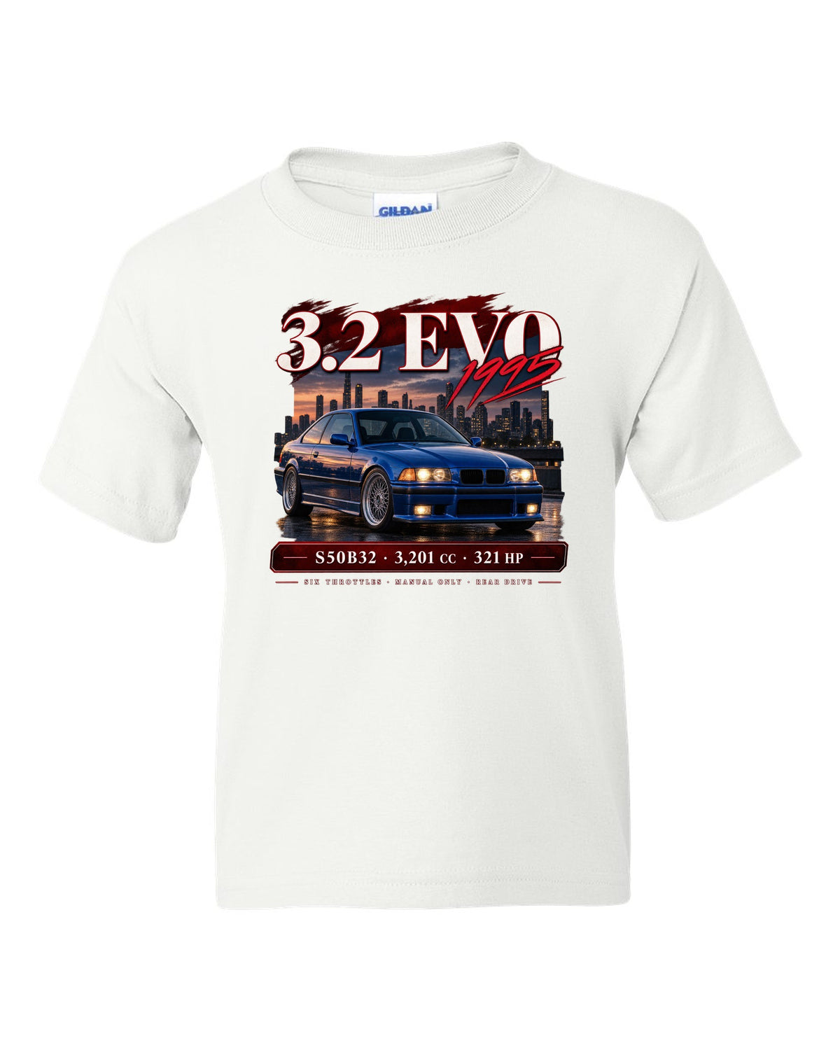 BMW E36 M3 3.2 Evo coupe archive panel print with S50B32 and 321 HP text white kids tee front view with the design