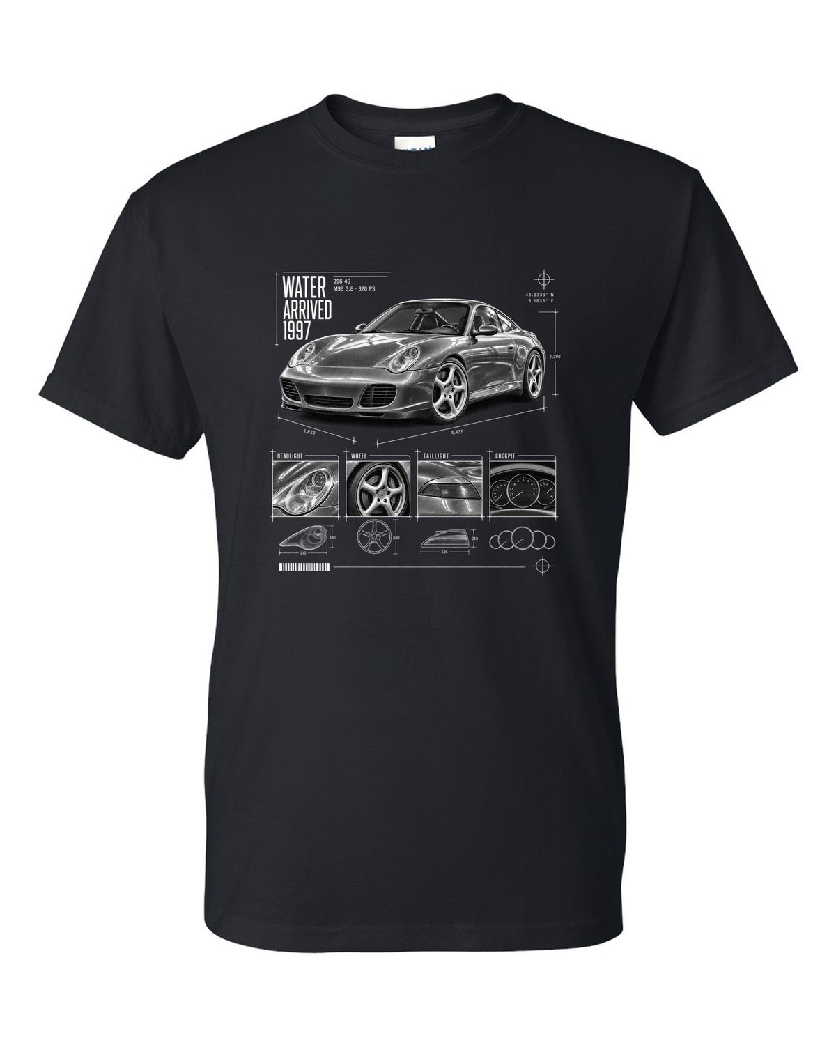 Dossier panel print of a Porsche 911 Carrera 4S (996) with the heading Water Arrived 1997 black t-shirt front view with the design