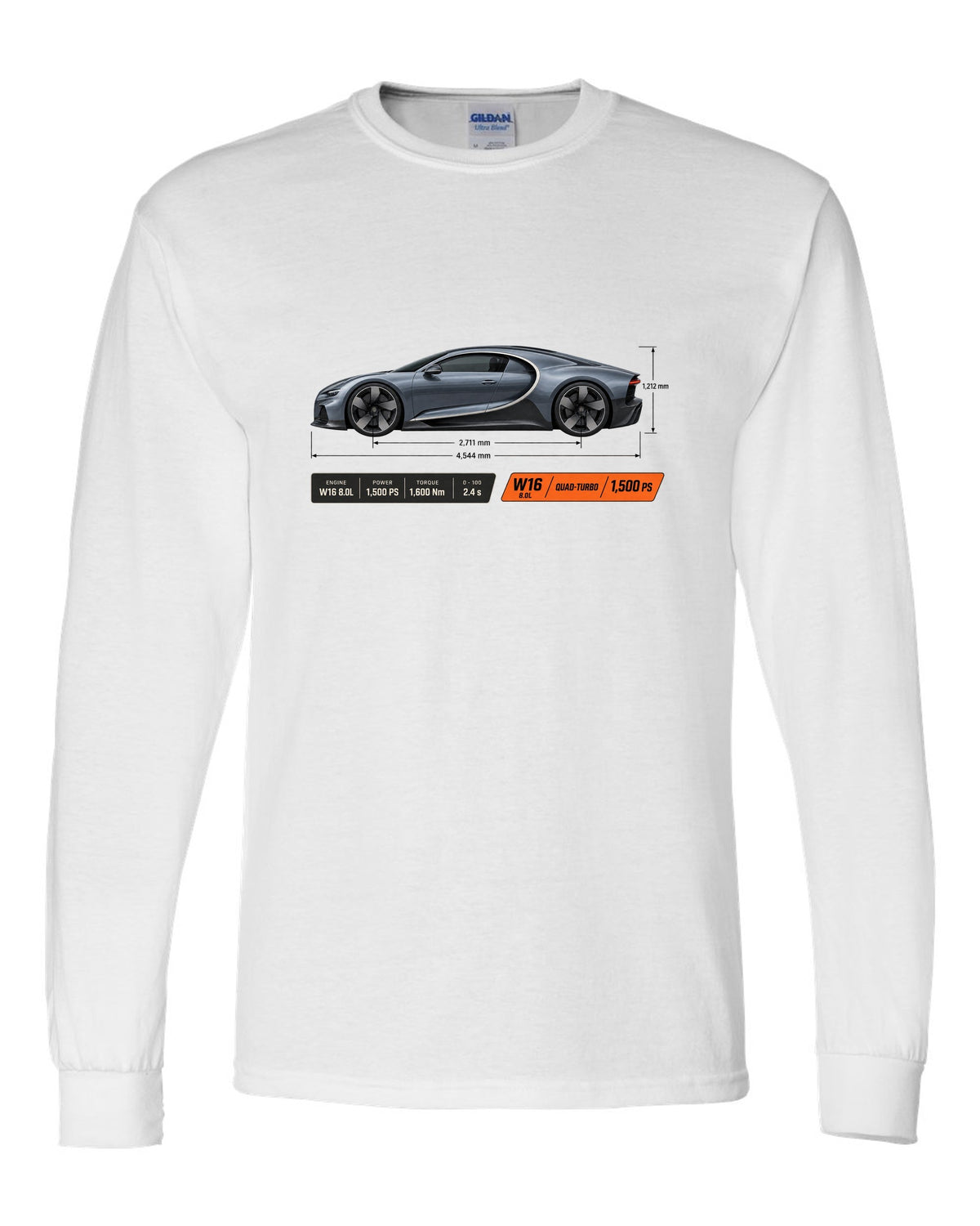 Bugatti Chiron W16 Dimension Blueprint white long sleeve front view with the design