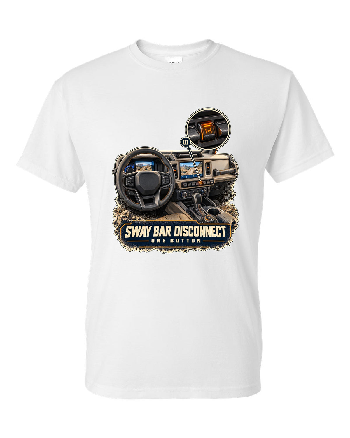 Ford Bronco Badlands dash with sway bar disconnect switch print white t-shirt front view with the design