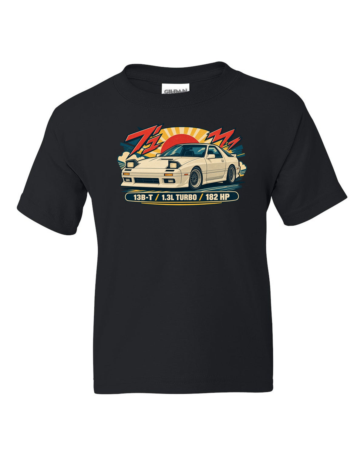 Risograph style overhead print of a Mazda MX-5 ND with the text ND 50:50 black kids tee front view with the design