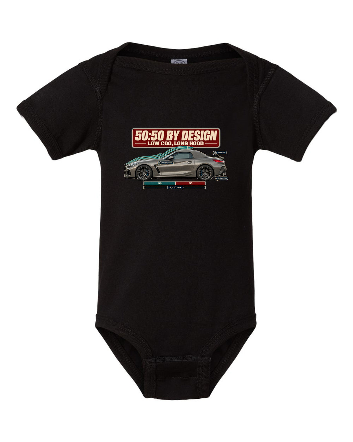 Aero cutaway callout print of the BMW Z4 G29 with 50:50 and long hood notes black baby onesie front view with the design