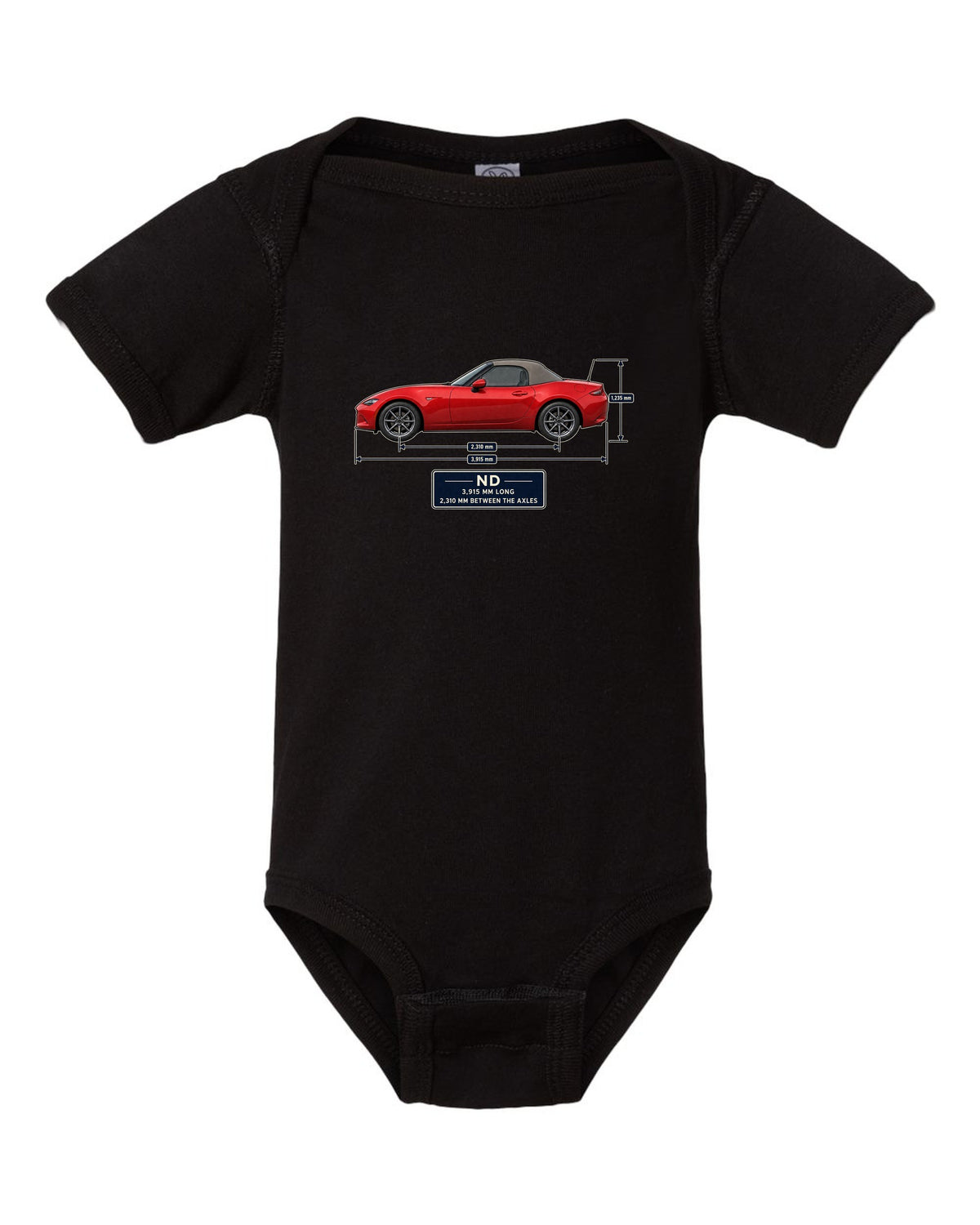 Blueprint-style dimension drawing of a 2016 Mazda MX-5 ND1 soft top in Soul Red black baby onesie front view with the design