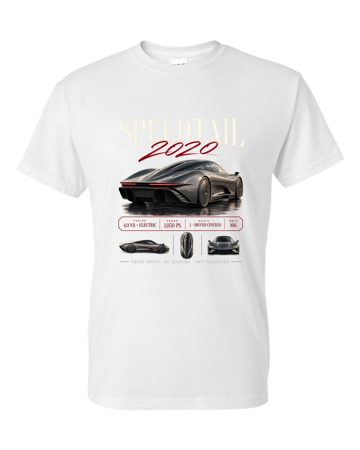 Archive panel print of a 2020 McLaren Speedtail with three seats and no mirrors text white t-shirt front view with the design