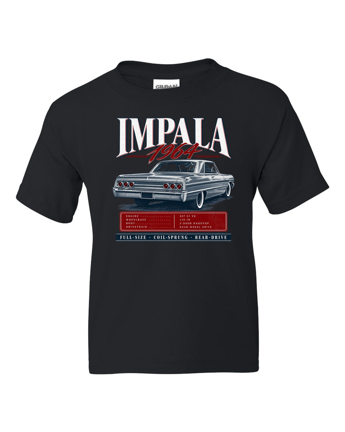 1964 Impala SS B-body rear three-quarter archive panel print black kids tee front view with the design