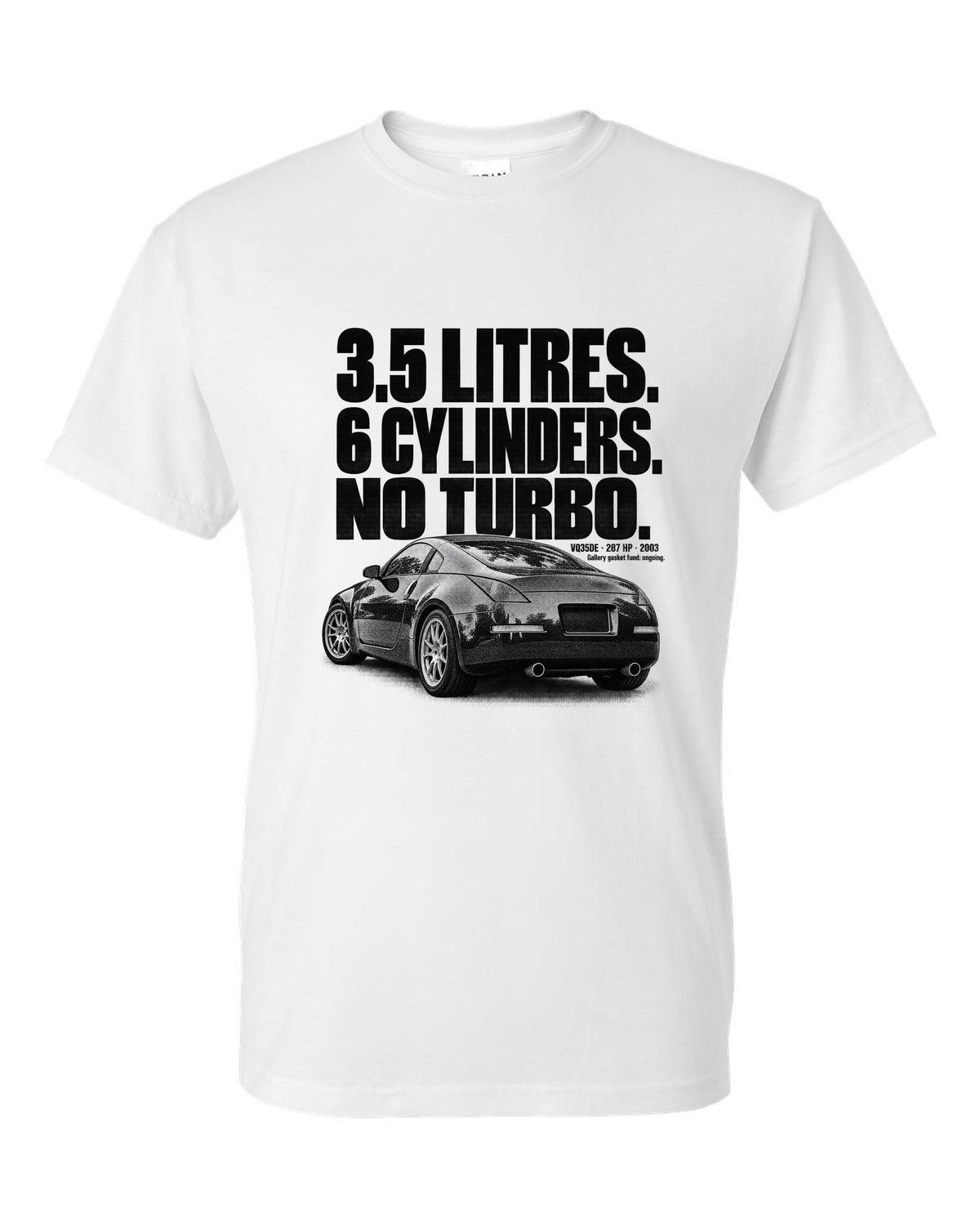 Halftone print of a Nissan 350Z Z33 rear three-quarter with VQ35DE 287 HP text white t-shirt front view with the design