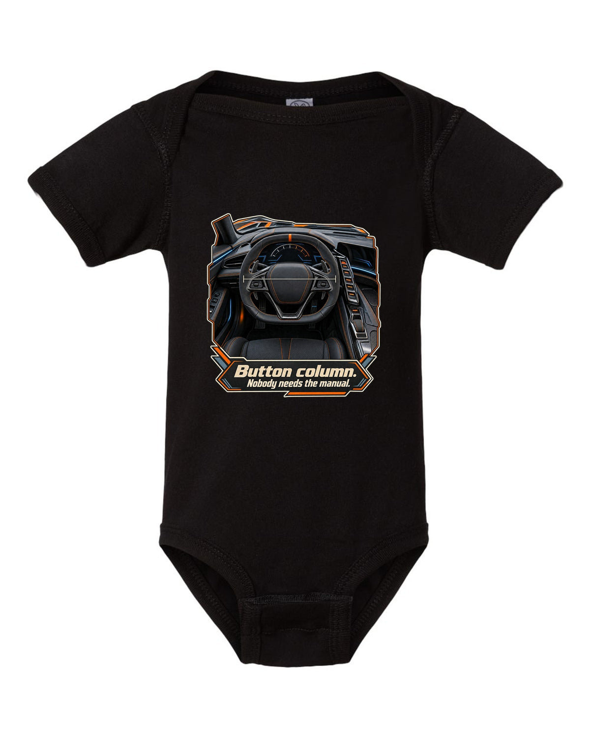 print of a Chevrolet Corvette C8 ZR1 cockpit with gauges and button column text black baby onesie front view with the design