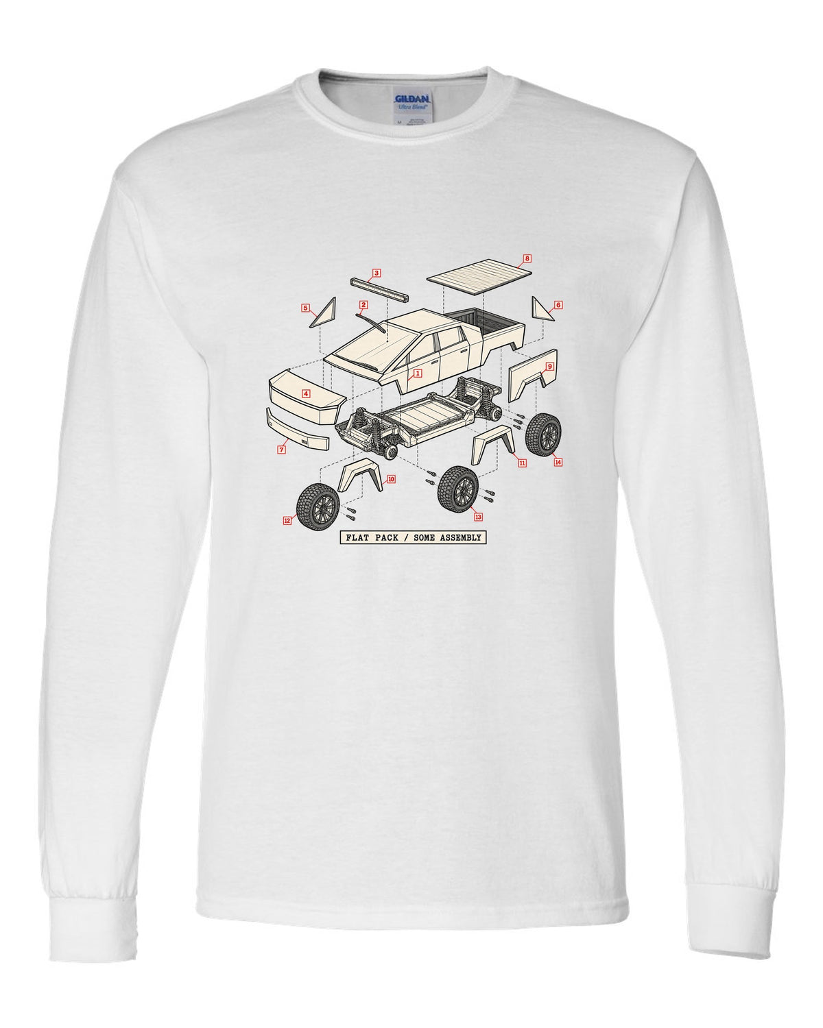 Isometric exploded-view patent drawing of a 2023 Tesla Cybertruck with the words Flat Pack Some Assembly white long sleeve front view with the design