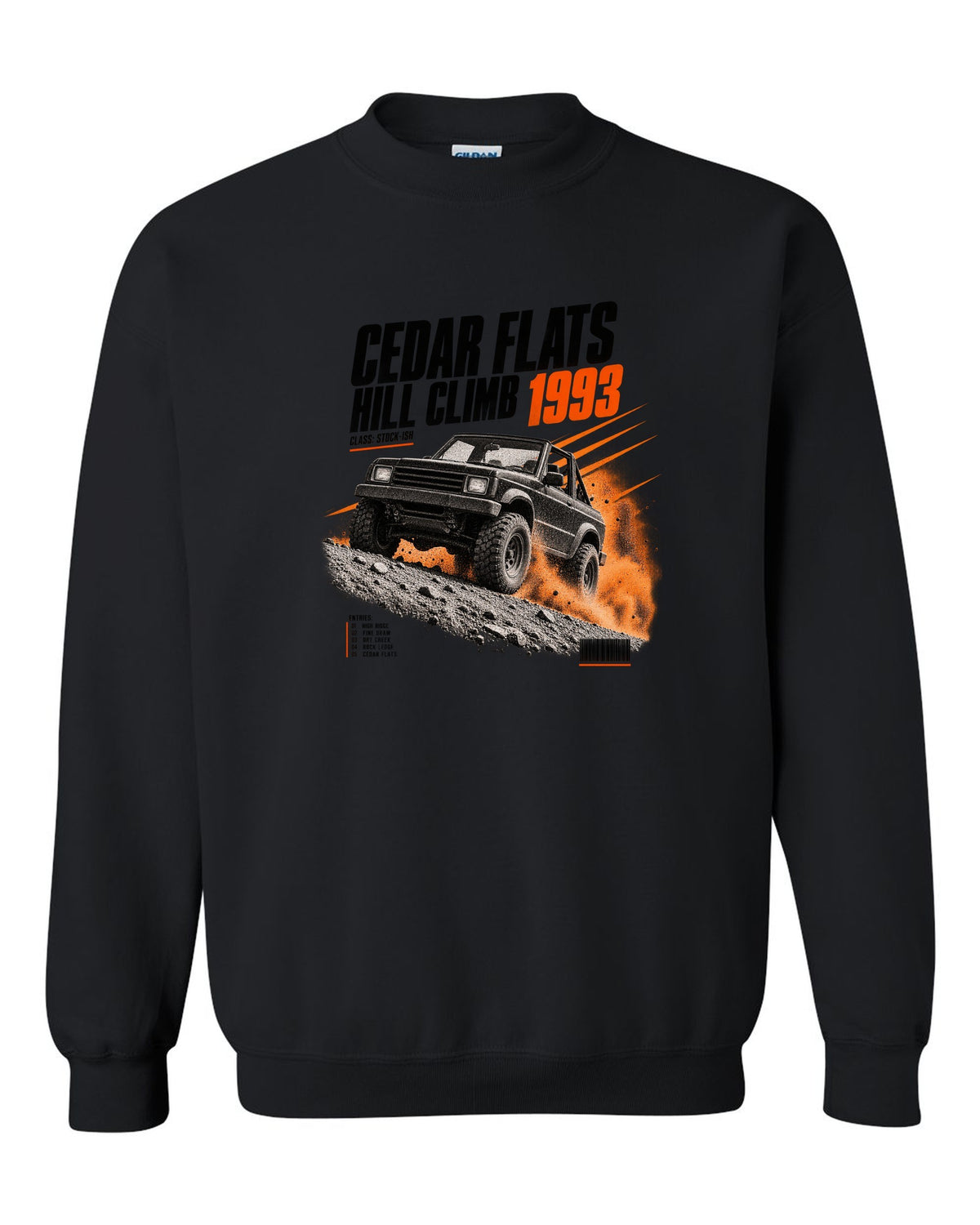 Race poster print for the Jeep Wrangler YJ, Cedar Flats Hill Climb 1993 black crewneck front view with the design