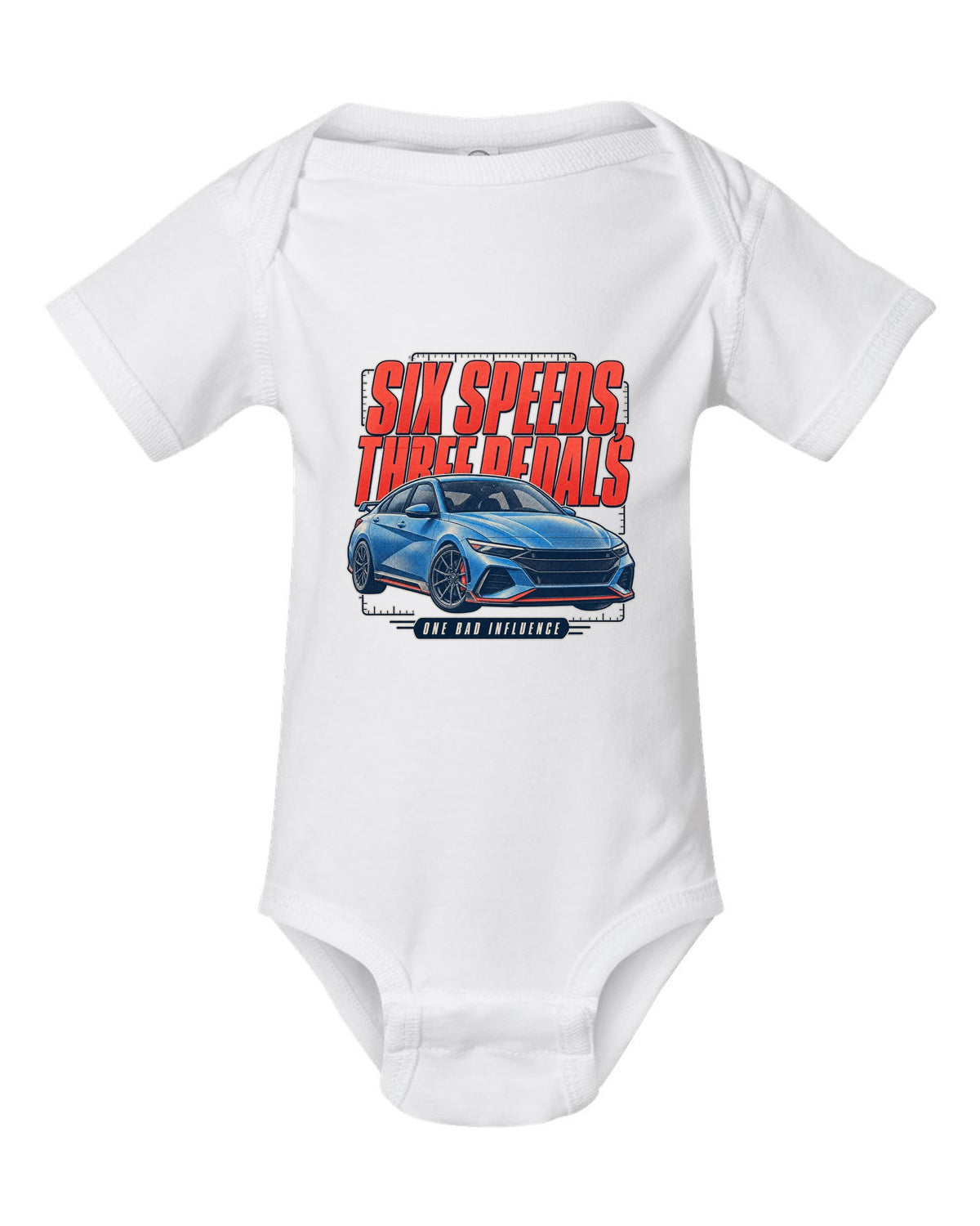 Hyundai Elantra N 2024 halftone statement print white baby onesie front view with the design