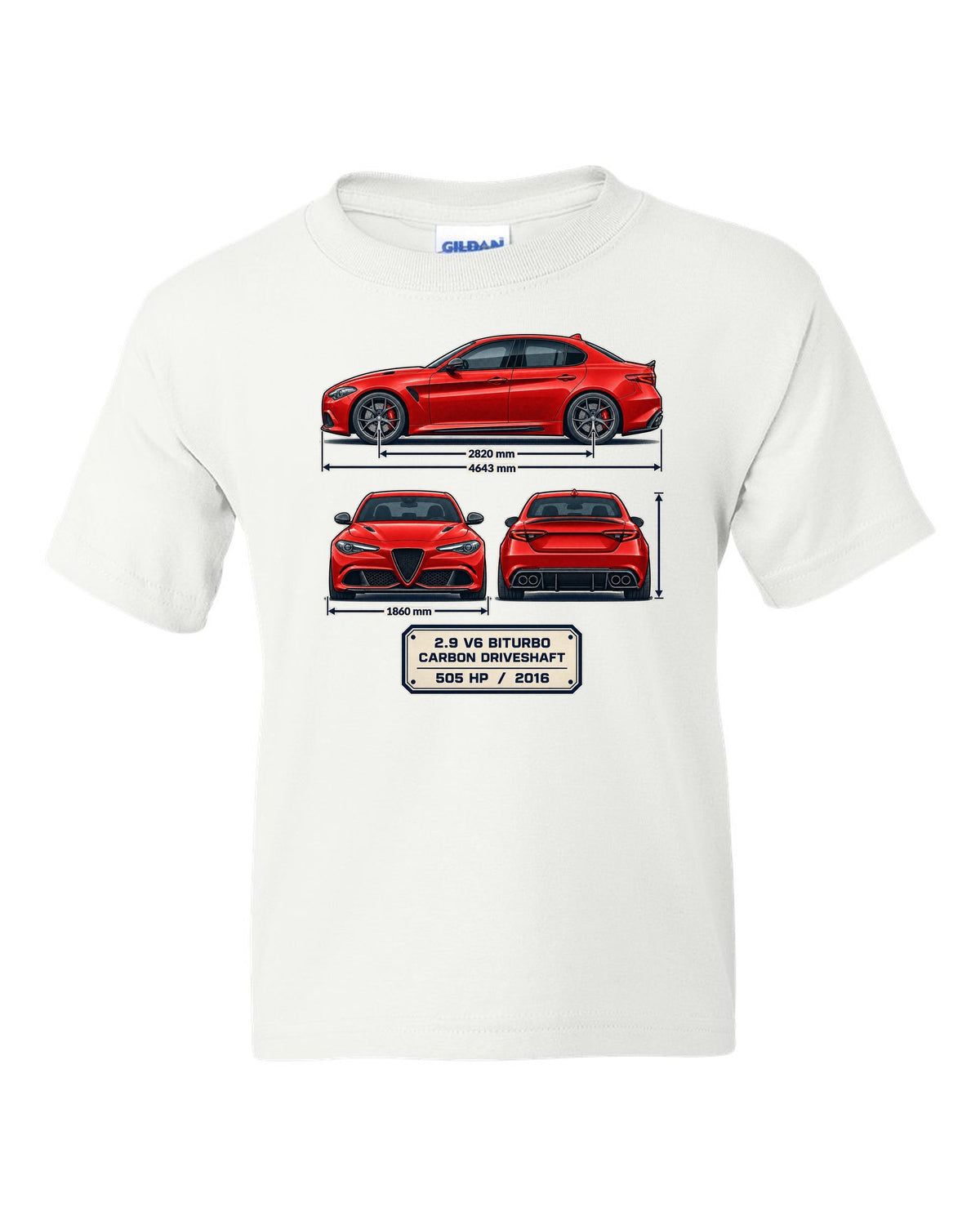 Alfa Romeo Giulia Quadrifoglio three-view spec print white kids tee front view with the design