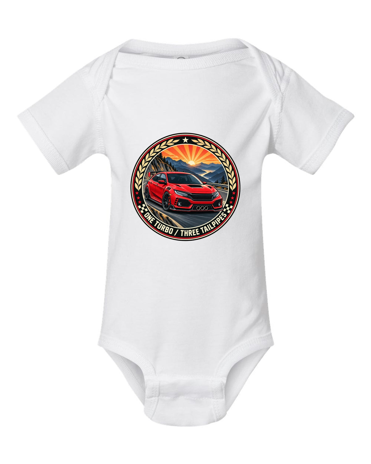 Original crest layout print for the Honda Civic Type R FK8 with one turbo three tailpipes text white baby onesie front view with the design