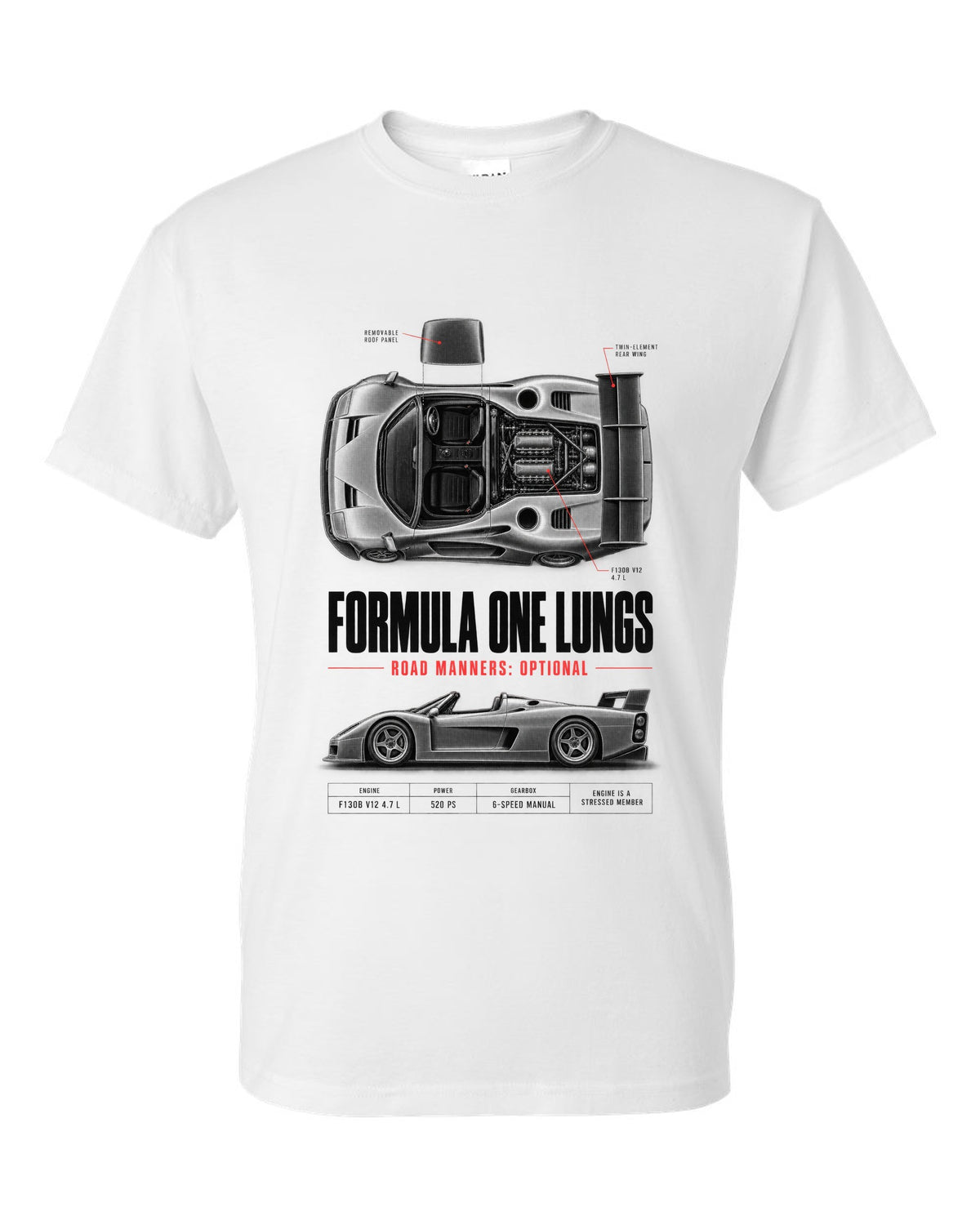Ferrari F50 1995 top-down and profile spec poster print, F130B V12 4.7 L white t-shirt front view with the design
