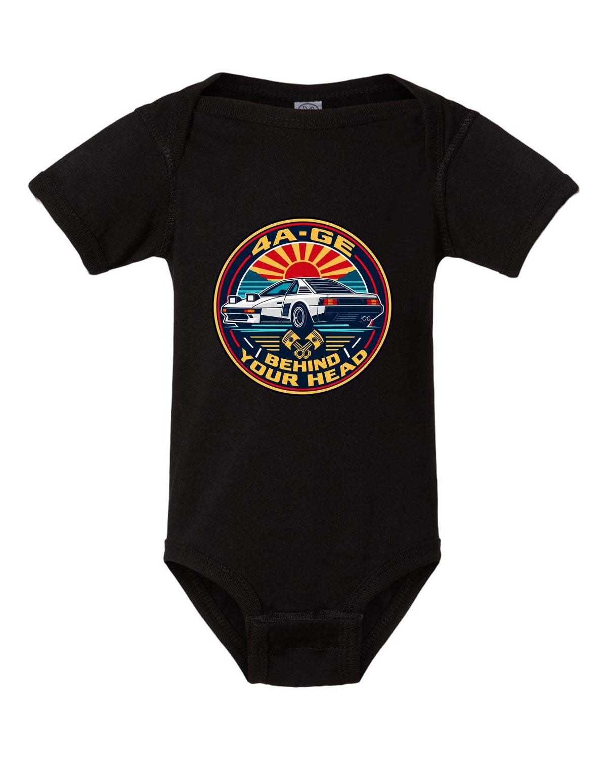 Round crest print of a Toyota MR2 AW11 with 4A-GE text black baby onesie front view with the design
