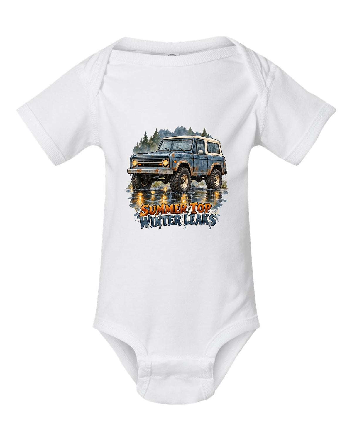 Watercolour wash print of a 1969 first-generation Chevrolet K5 Blazer with summer top winter leaks text white baby onesie front view with the design