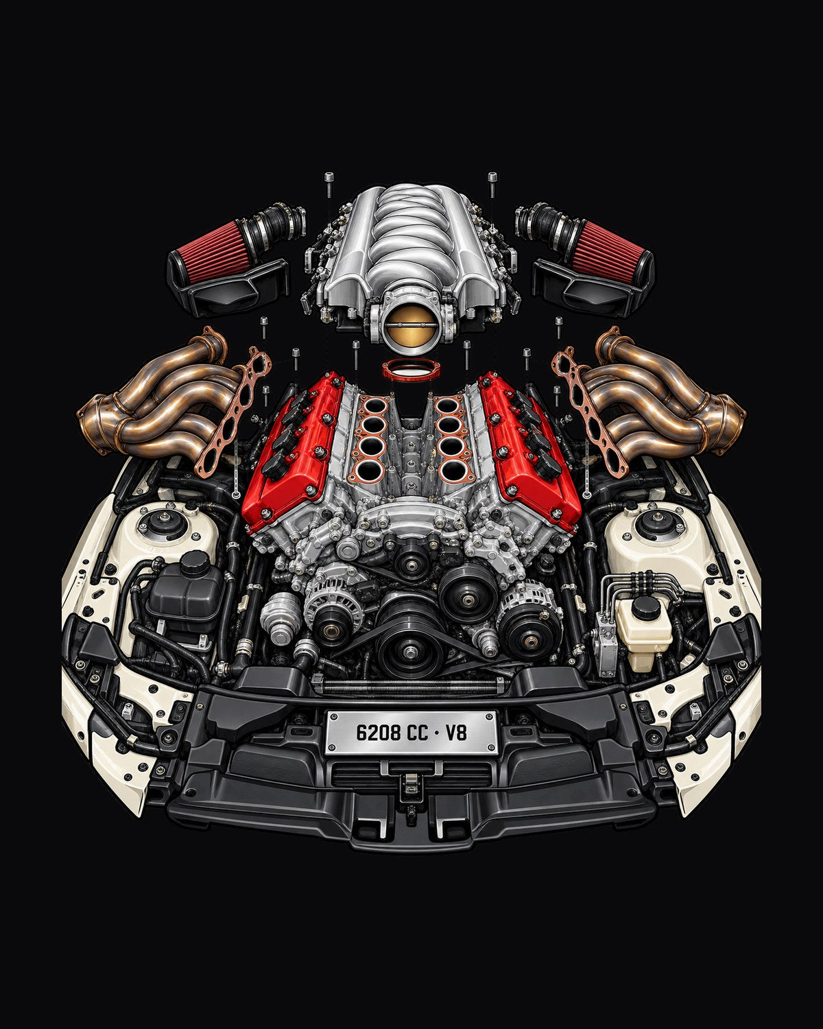Mercedes M156 6.2 V8 Exploded Engine Diagram Tee, 6208 CC design only