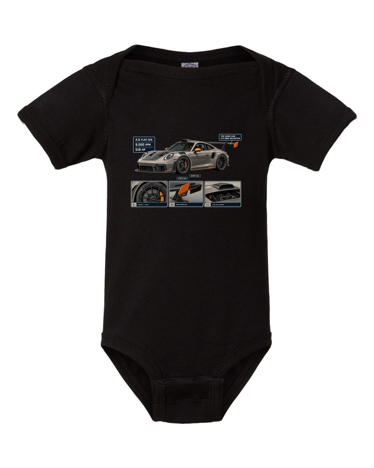 print dossier panels of a Porsche 911 GT3 RS 992 in warm grey with orange accents black baby onesie front view with the design