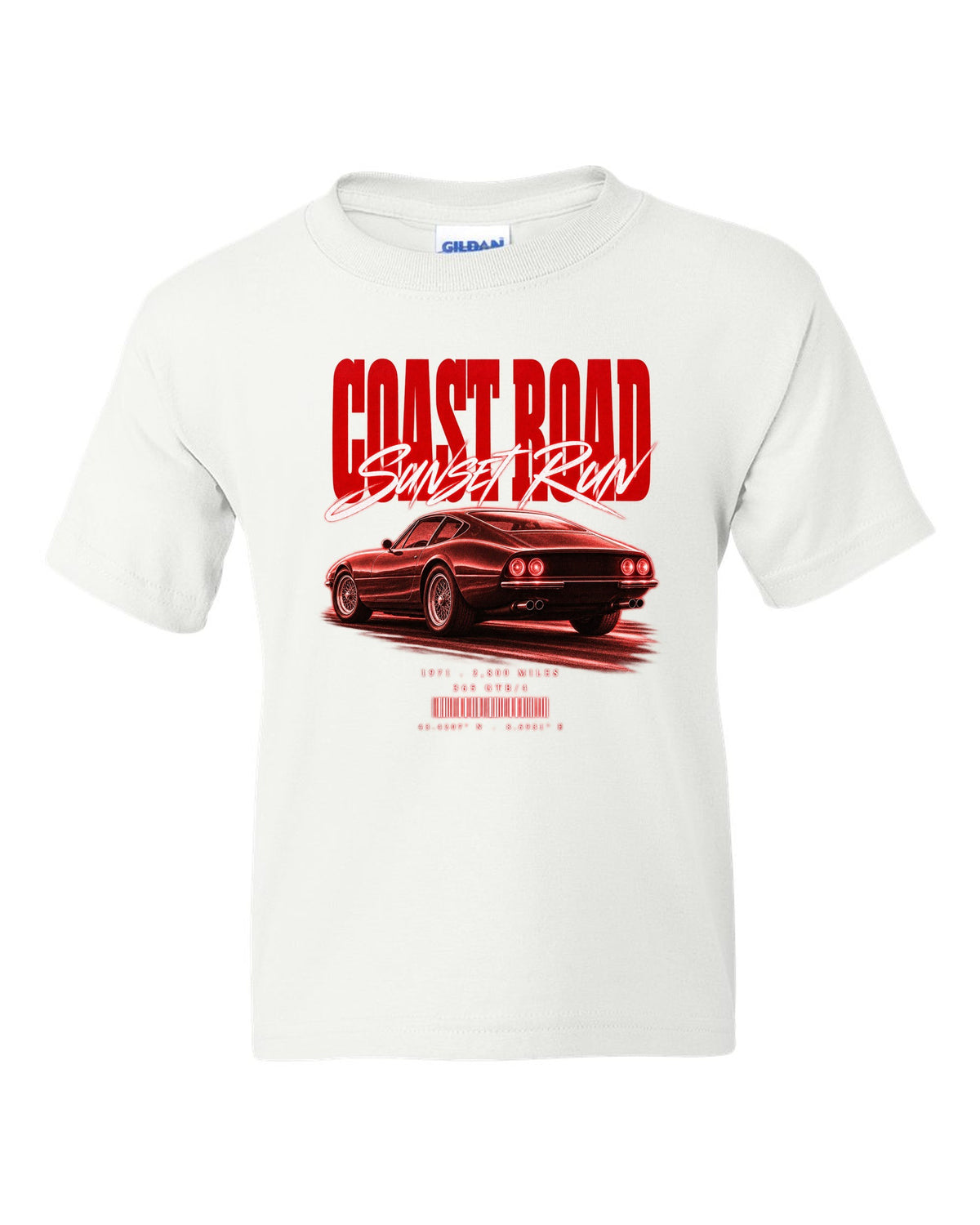 Street poster print of a Ferrari 365 GTB/4 Daytona with Coast Road, Sunset Run, 1971, 2,800 miles white kids tee front view with the design