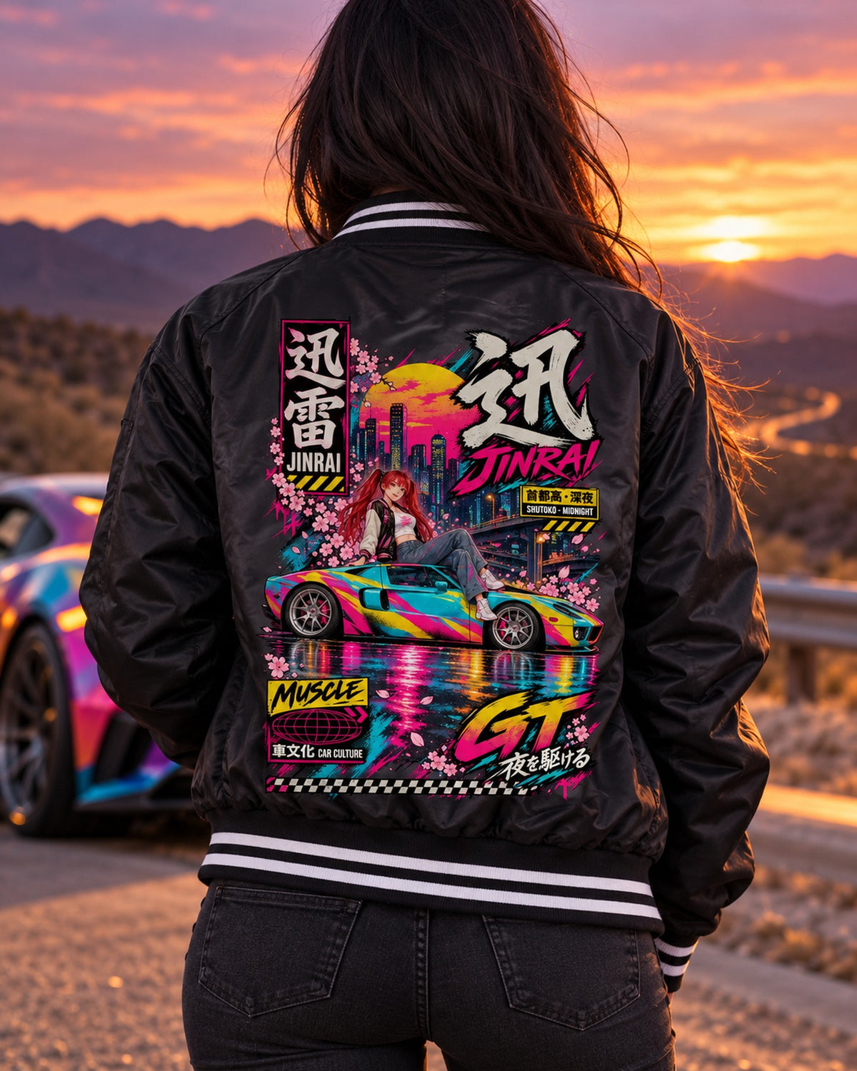 JINRAI GT Anime Girl Full-Back Graphic Tee Bomber Jacket Black worn hero